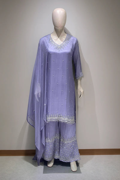 Buy Women's Lavender Chinon Silk Embroidered Kurta Sharara Set