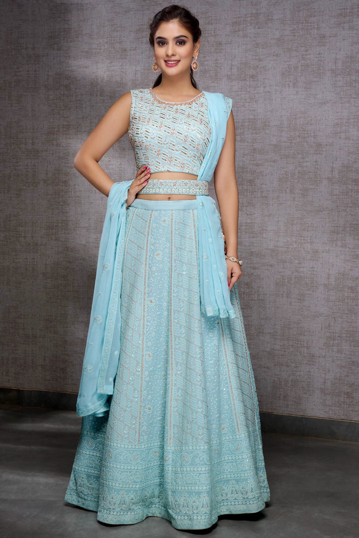 Blue Georgette Lucknowi Embroidered Lehenga Set, Viscose Georgette / Skyblue / XL(42)
