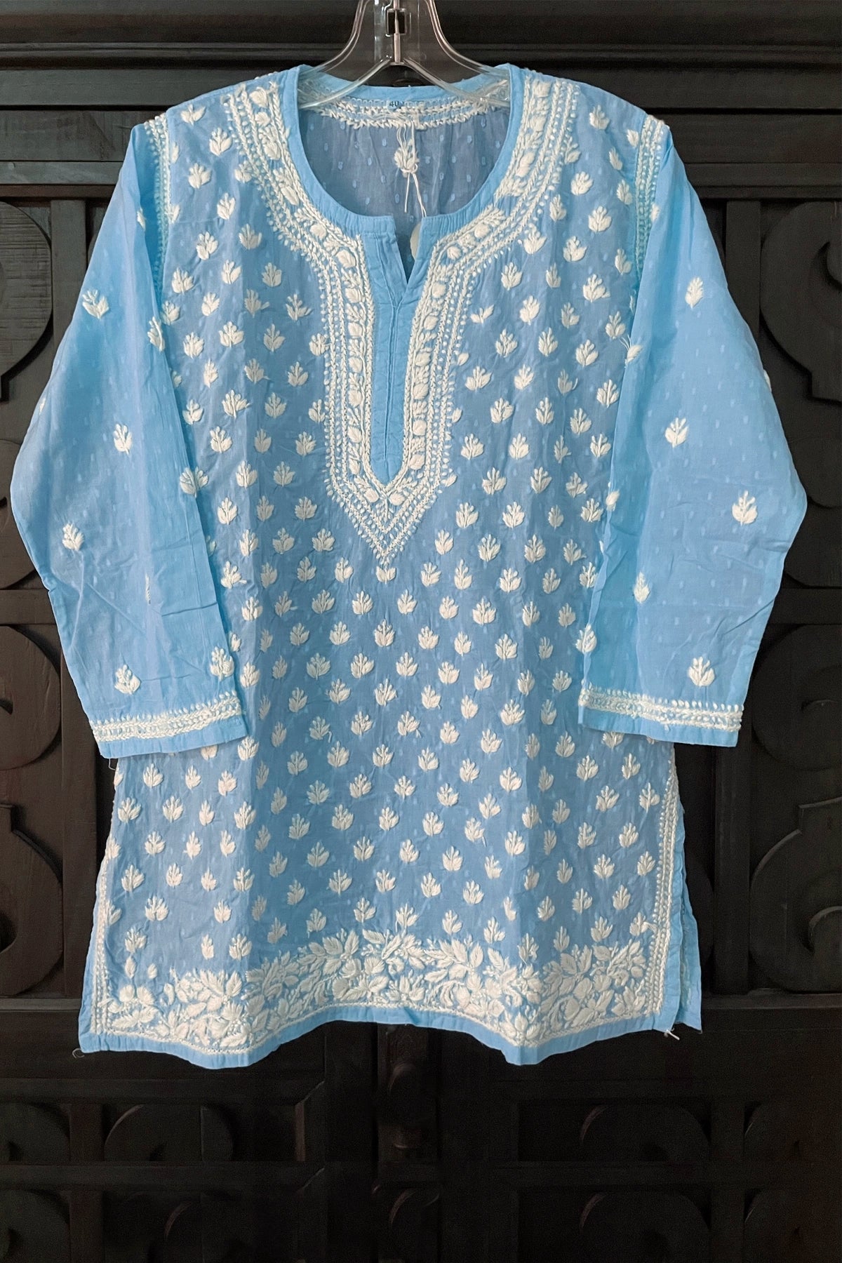 Buy Blue Hand Embroidered Cotton Lucknowi Chikankari Short Kurti 