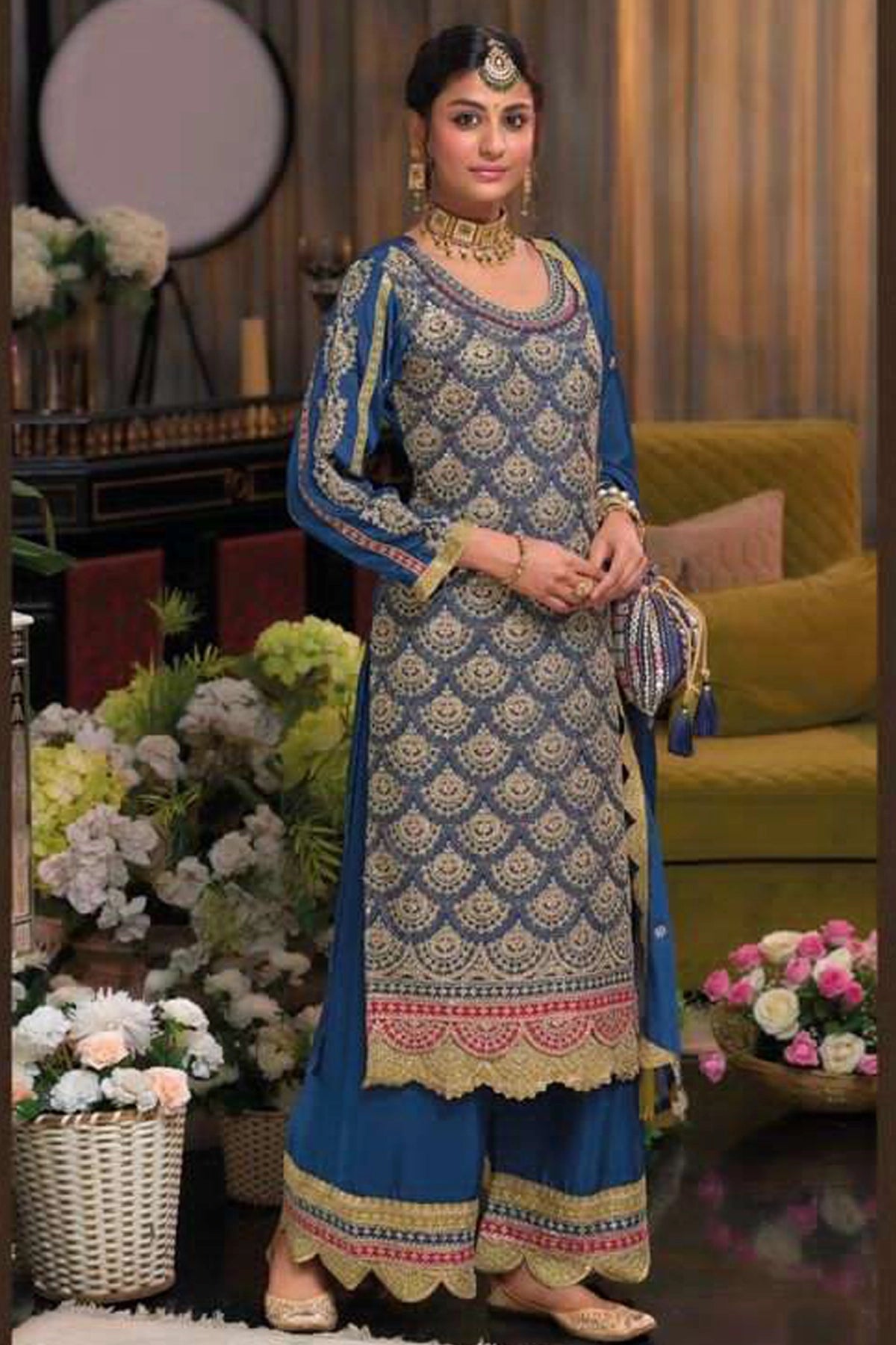 Buy Blue Chinon Silk Embroidered Kurta Palazzo Set at PinkPhulkari 