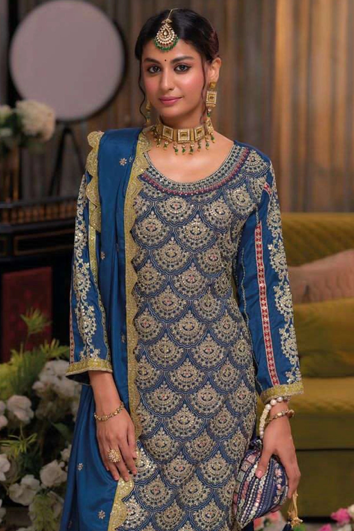 Buy Blue Chinon Silk Embroidered Kurta Palazzo Set at PinkPhulkari 