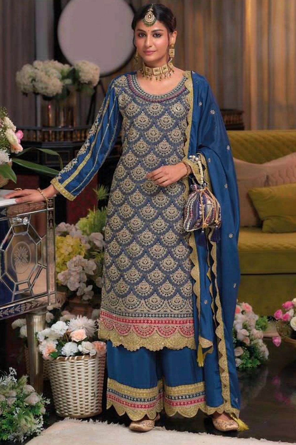 Buy Blue Chinon Silk Embroidered Kurta Palazzo Set at PinkPhulkari 