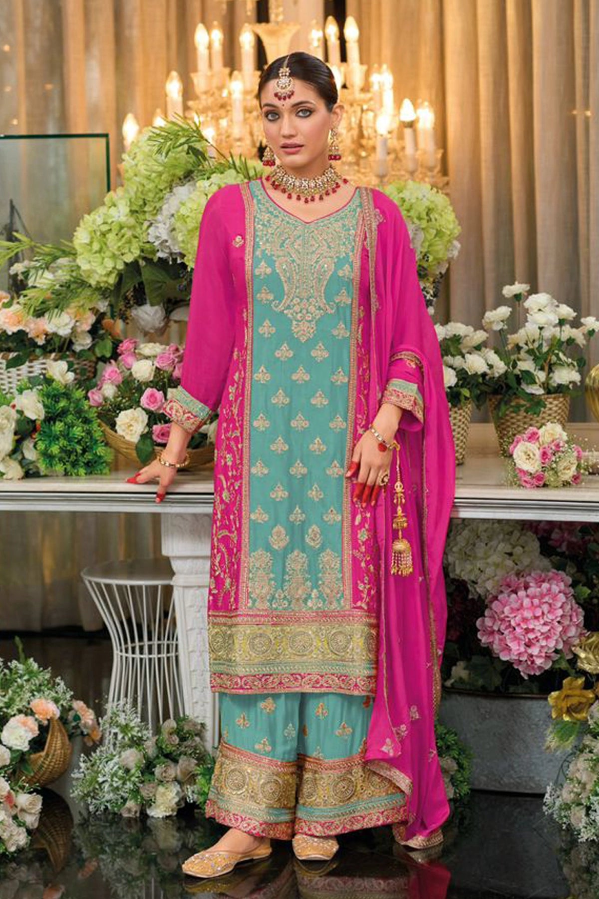 Blue & Pink Silk Embroidered Kurta Palazzo Suit at PinkPhulkari 