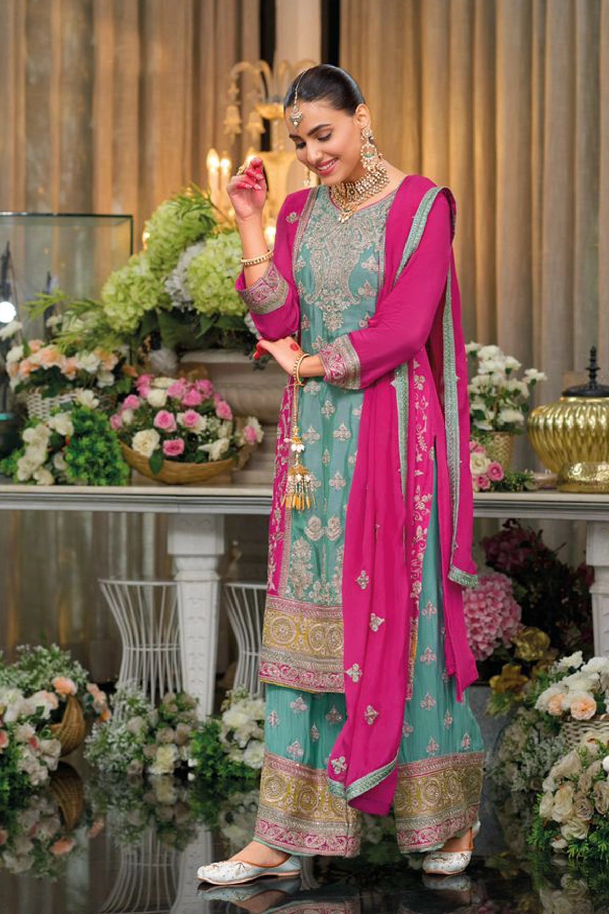 Blue & Pink Silk Embroidered Kurta Palazzo Suit at PinkPhulkari 