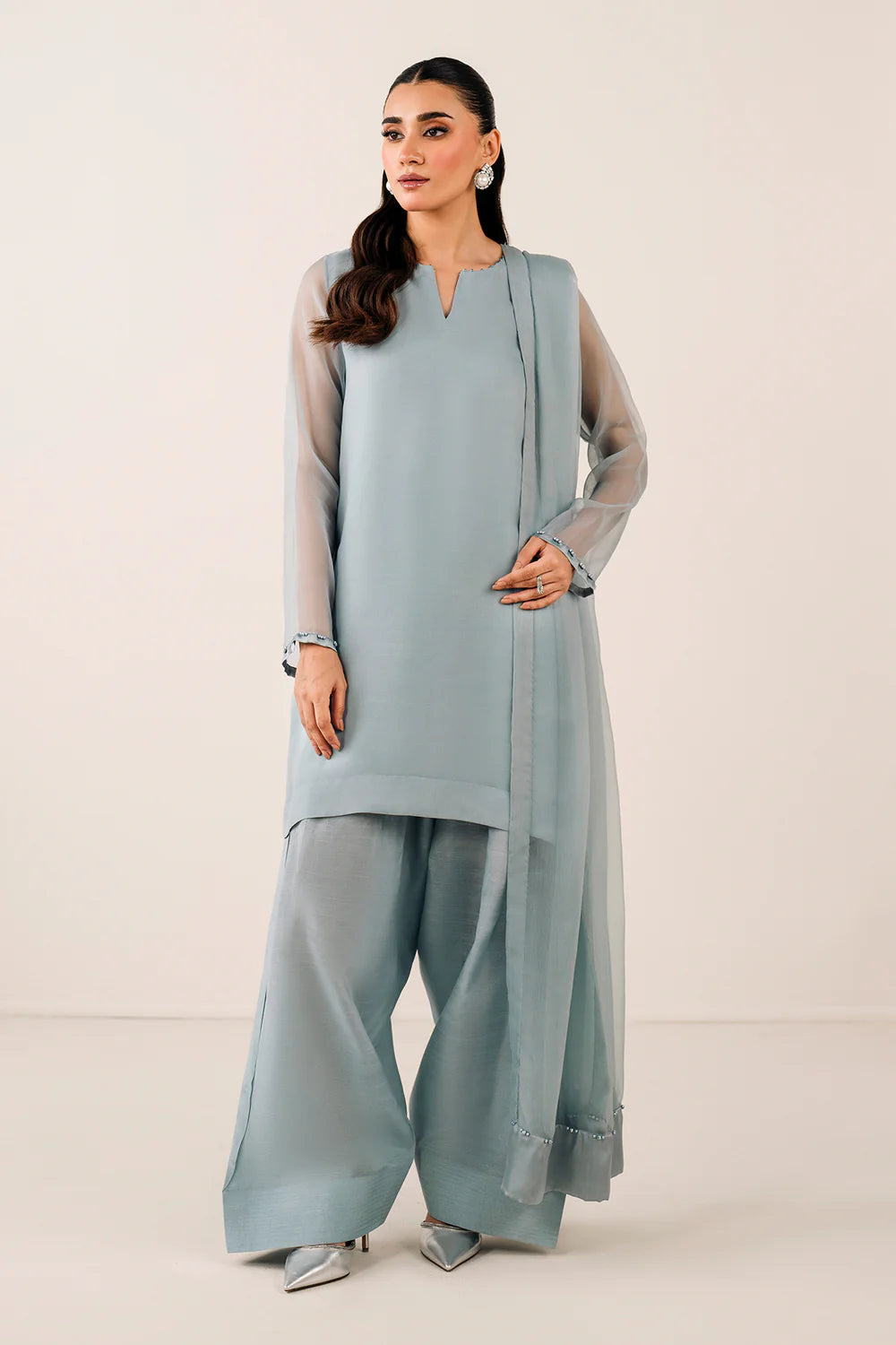 Ice Blue Plain Chiffon Dupatta with Pearl and Silk Border Detailing