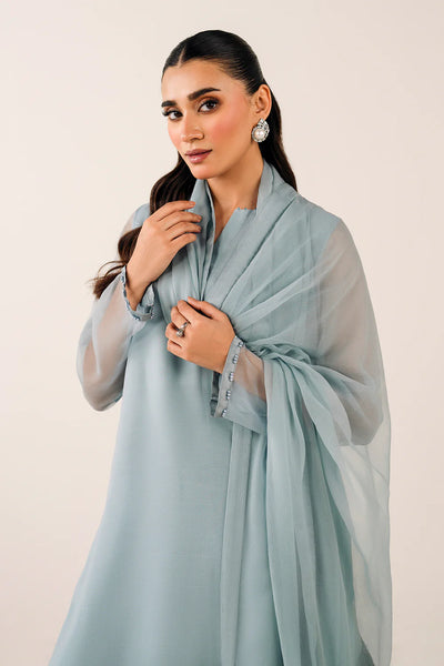 Ice Blue Plain Chiffon Dupatta with Pearl and Silk Border DetailingIce Blue Plain Chiffon Dupatta with Pearl and Silk Border Detailing