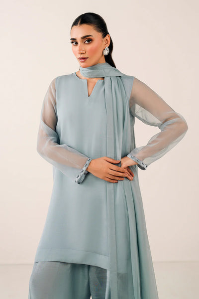Ice Blue Plain Chiffon Dupatta with Pearl and Silk Border DetailingIce Blue Plain Chiffon Dupatta with Pearl and Silk Border Detailing