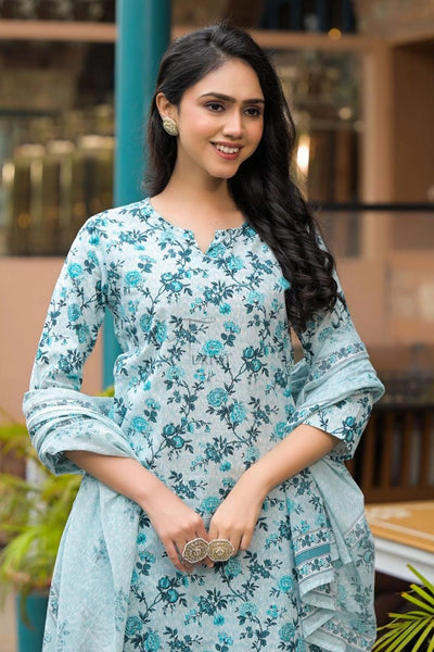 Buy Women's Blue Floral Print Cotton Kurta Set with Pants & Dupatta Buy Women's Blue Floral Print Cotton Kurta Set with Pants & Dupatta 