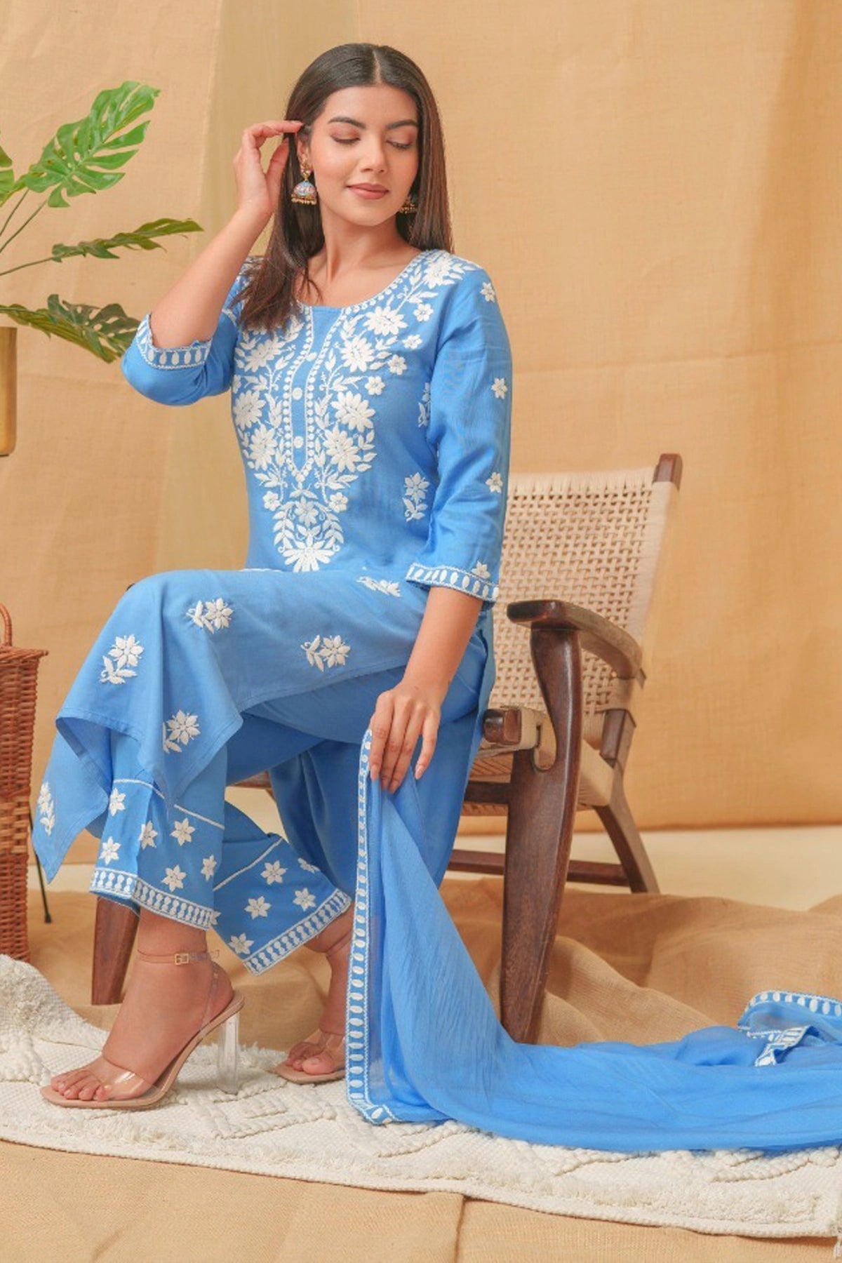 Buy Blue Embroidered Rayon Kurta Set at PinkPhulkari California