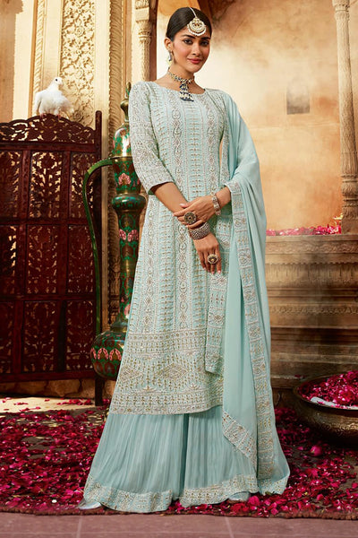 Blue Georgette Embroidered Sharara Set at PinkPhulkari California