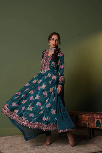 Buy Teal Blue Chinon Silk Floral Print Embroidered Anarkali Suit Set