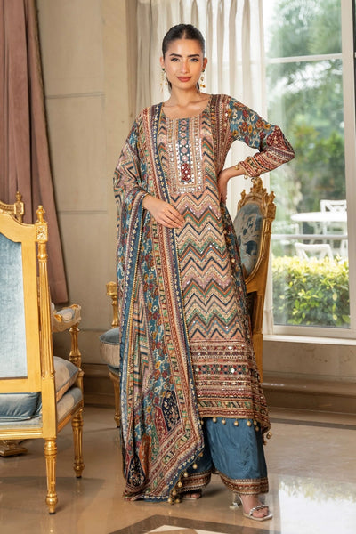 Buy Teal Blue Printed Crepe Silk Palazzo Set at PinkPhulkari California