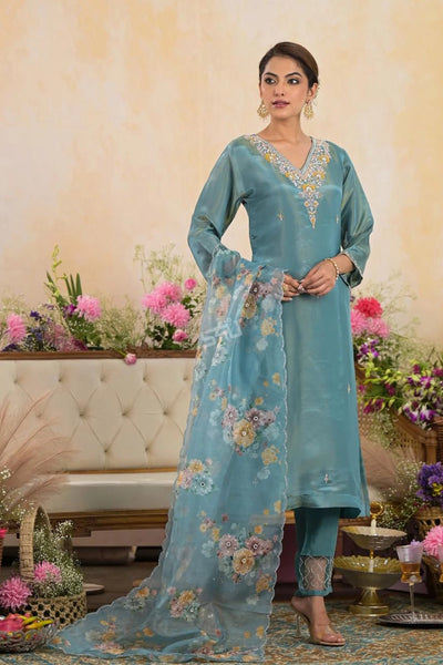 Buy Women's Cadet Blue Embroidered Shimmer Silk Pant Style Suit Set 