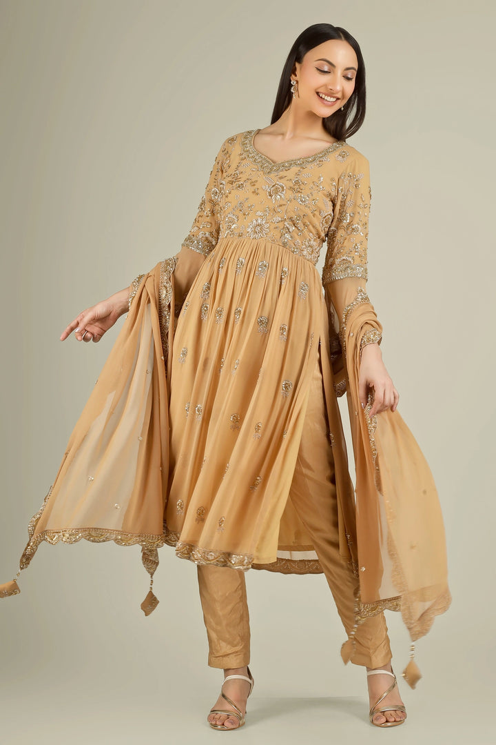 Buy Light Brown Embroidered Georgette Peplum Kurta Pant Set Online | PinkPhulkari California Buy Light Brown Embroidered Georgette Peplum Kurta Pant Set Online | PinkPhulkari California