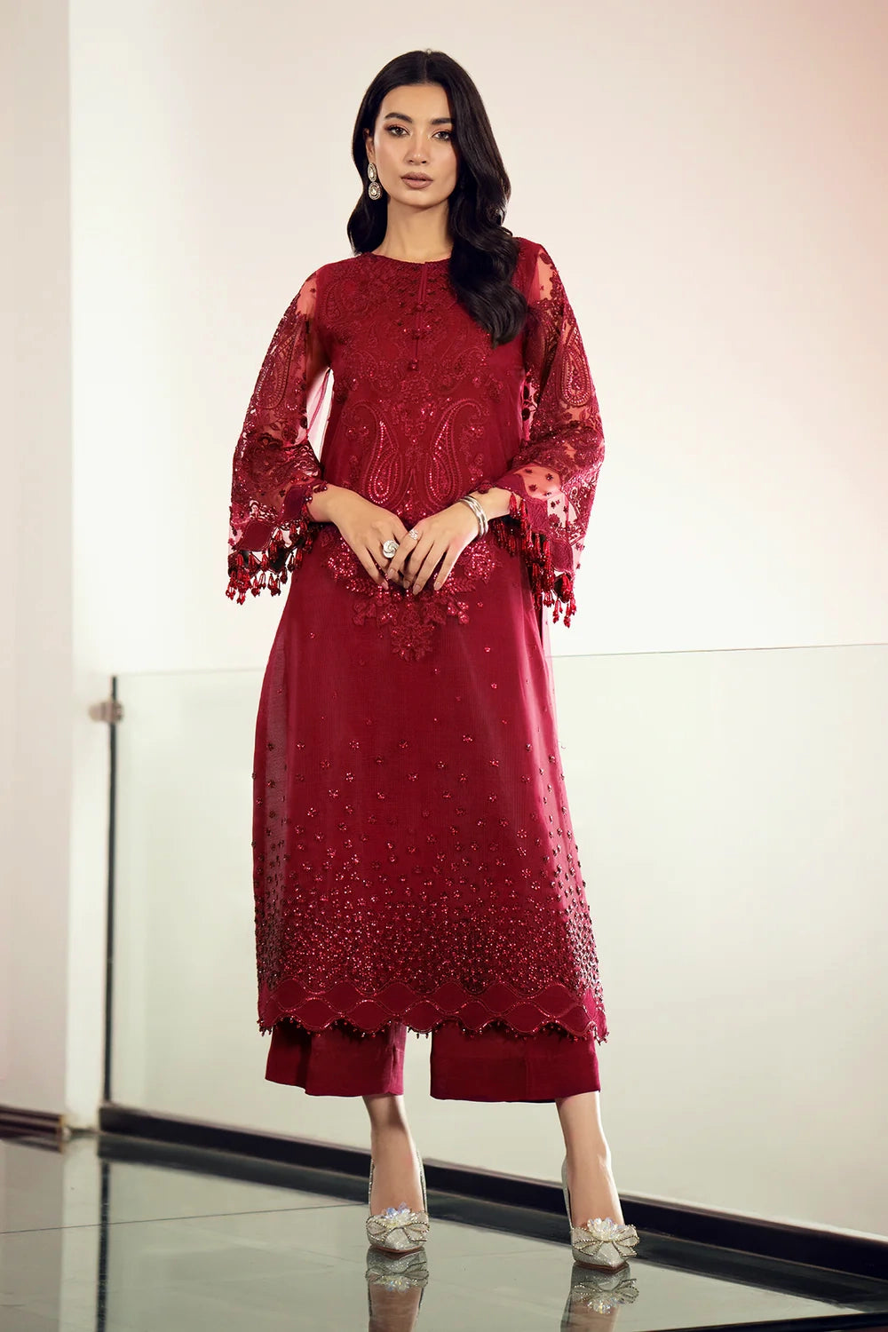 Burgundy Sequin Embellished Kurta Palazzo Set at PinkPhulkari 