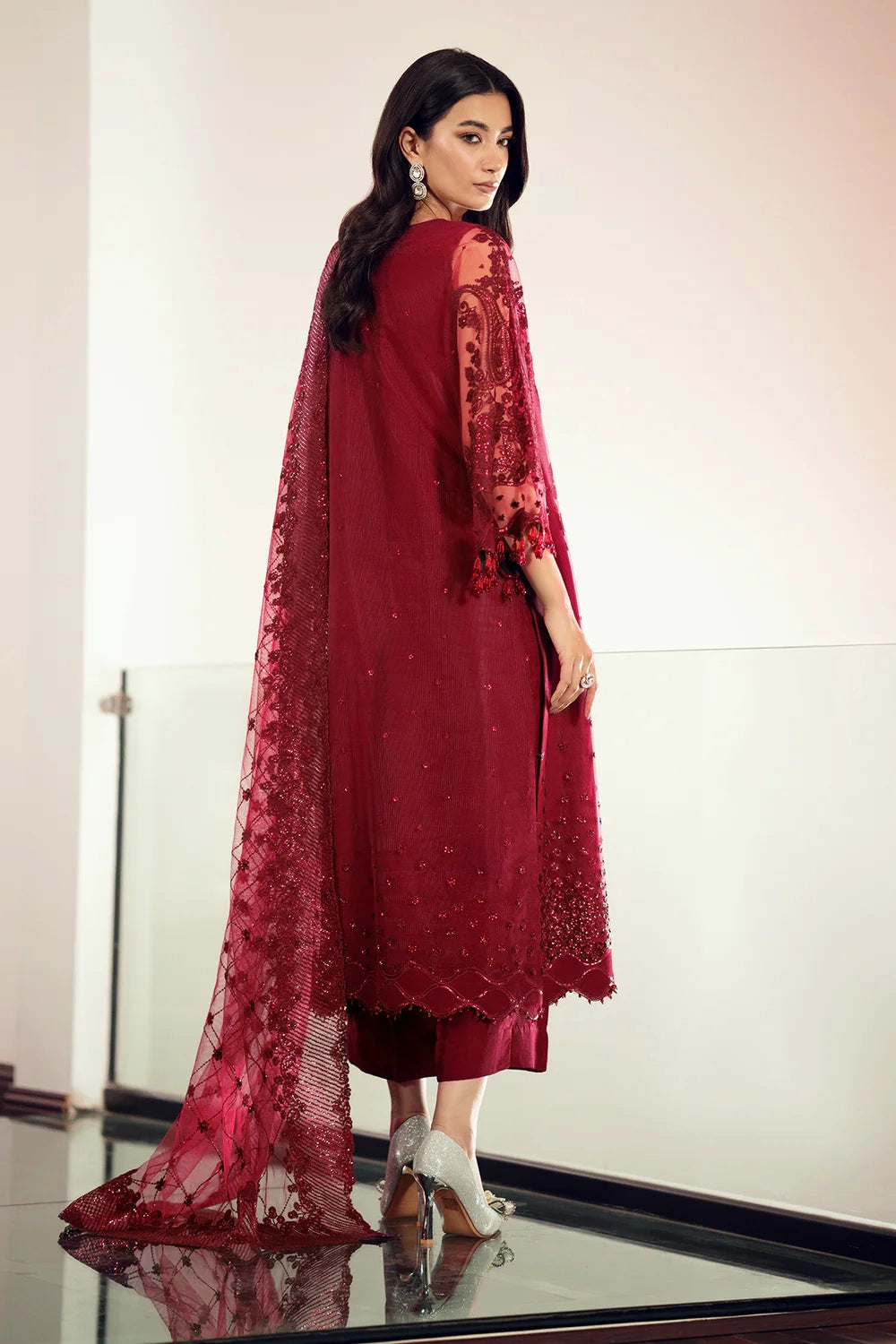 Burgundy Sequin Embellished Kurta Palazzo Set at PinkPhulkari 