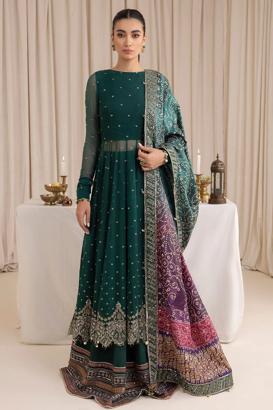 Dark Green Chiffon Embroidered Indian & Pakistani Anarkali Indian & Pakistani Suit Set, Chiffon Silk / DarkGreen / XS(34)
