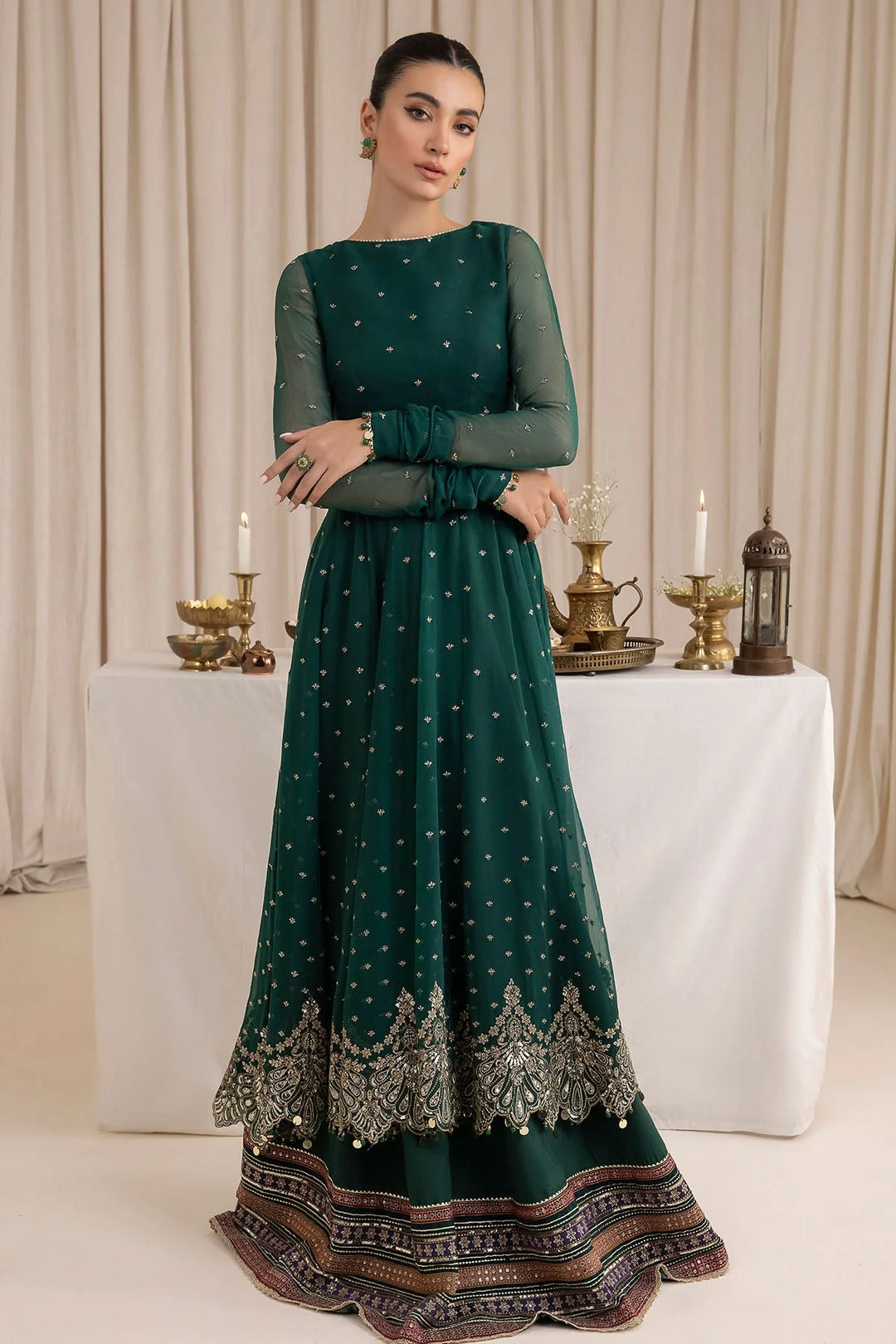 Jazmin Dark Green Chiffon Embroidered Indian & Pakistani Anarkali Indian & Pakistani Suit Set, Chiffon Silk / DarkGreen / M(38)