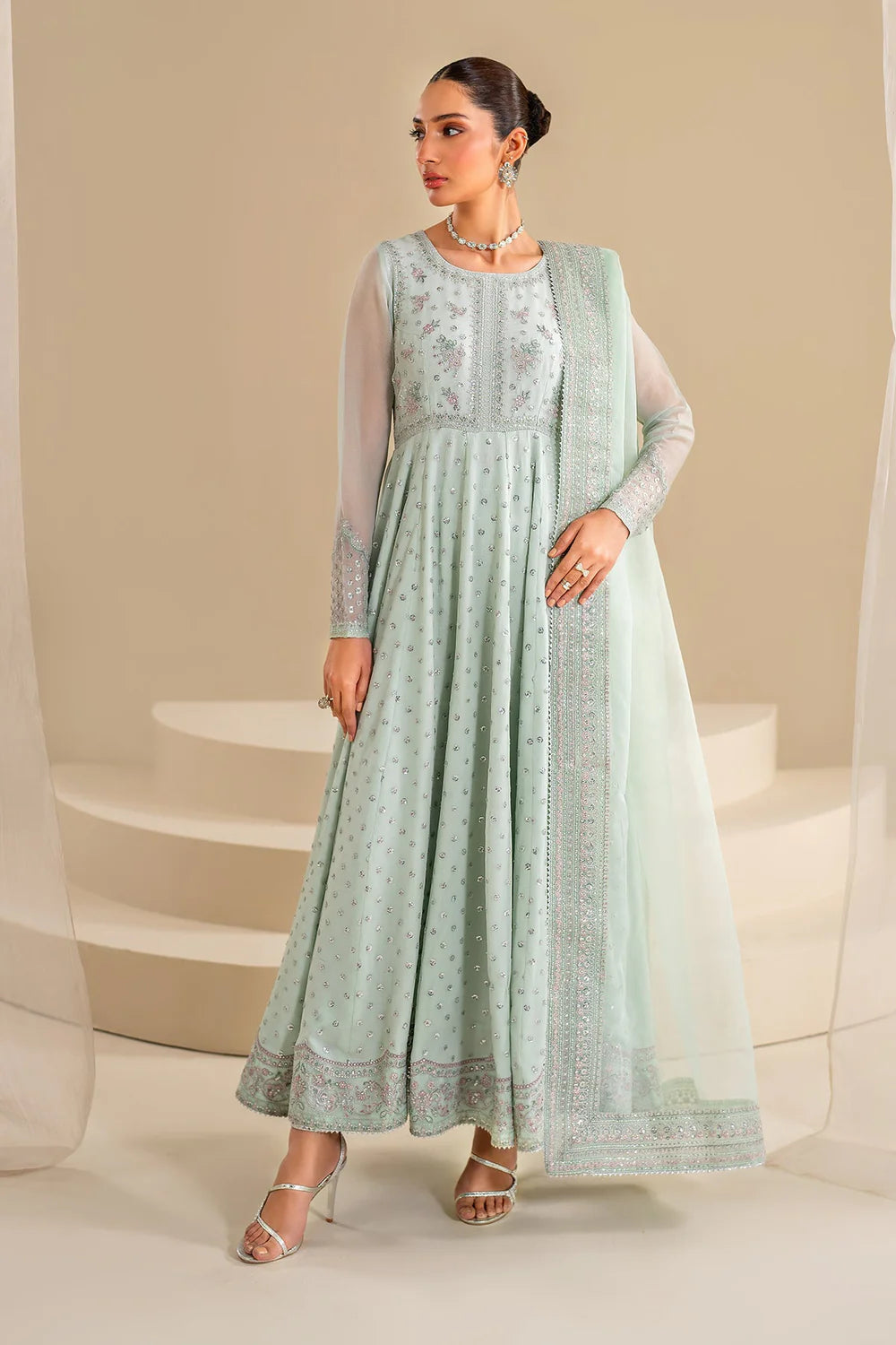 Buy Mint Green Embroidered Chiffon Anarkali Set at PinkPhulkari