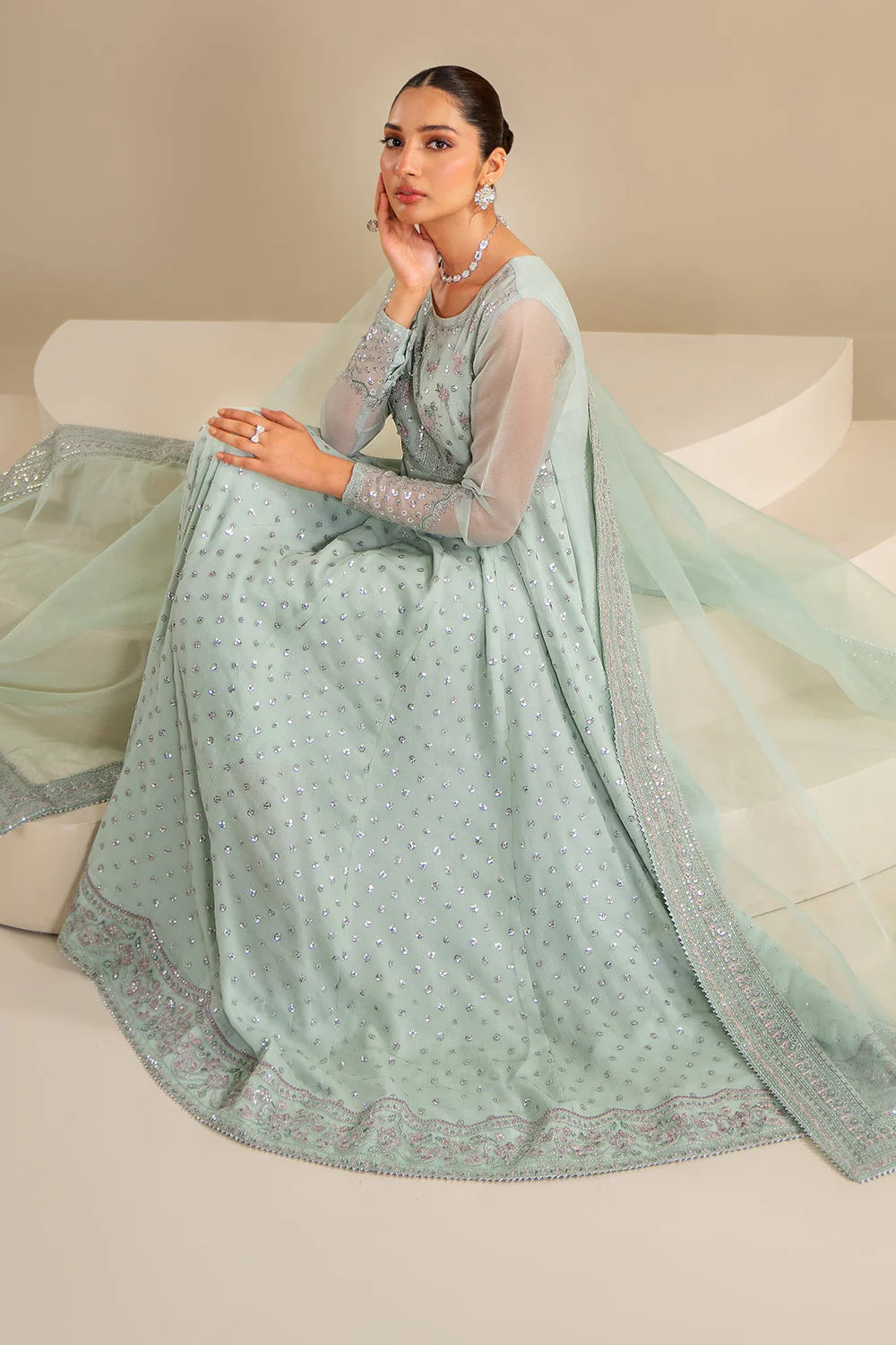 Buy Mint Green Embroidered Chiffon Anarkali Set at PinkPhulkari