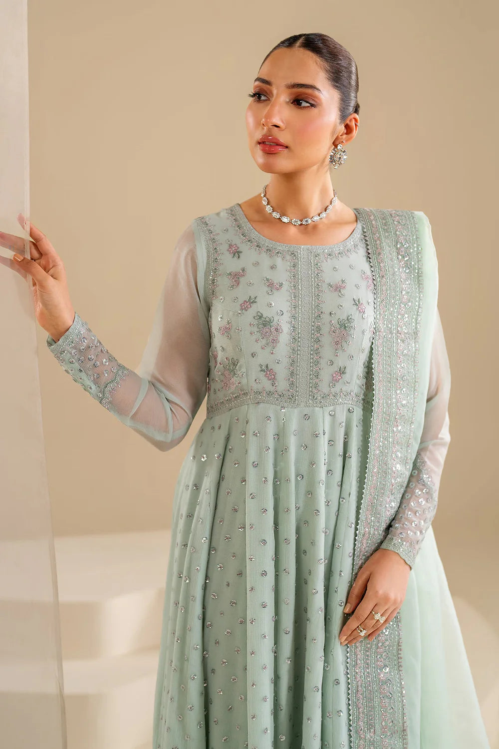 Buy Mint Green Embroidered Chiffon Anarkali Set at PinkPhulkari