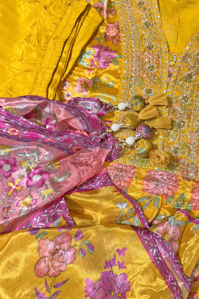 Buy Yellow Chinon Silk Floral Print Embroidered Anarkali Suit Set Buy Yellow Chinon Silk Floral Print Embroidered Anarkali Suit Set 