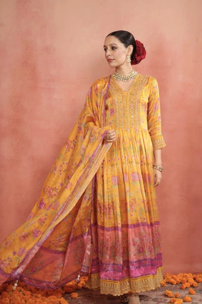 Buy Yellow Chinon Silk Floral Print Embroidered Anarkali Suit Set Buy Yellow Chinon Silk Floral Print Embroidered Anarkali Suit Set 