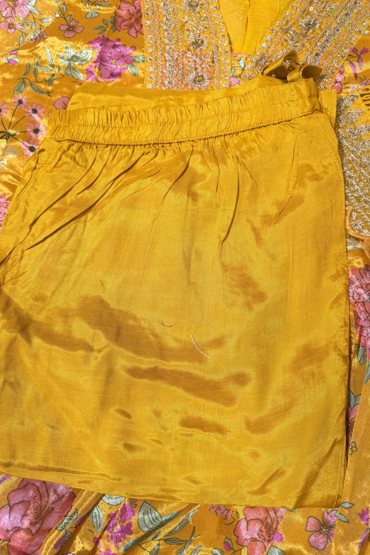 Buy Yellow Chinon Silk Floral Print Embroidered Anarkali Suit Set 