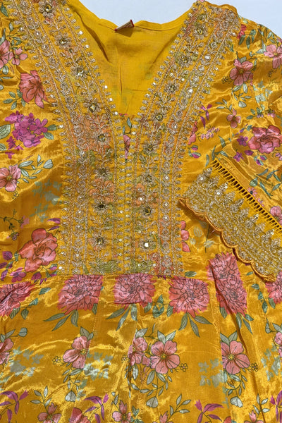 Buy Yellow Chinon Silk Floral Print Embroidered Anarkali Suit Set Buy Yellow Chinon Silk Floral Print Embroidered Anarkali Suit Set 