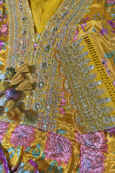 Buy Yellow Chinon Silk Floral Print Embroidered Anarkali Suit Set Buy Yellow Chinon Silk Floral Print Embroidered Anarkali Suit Set 