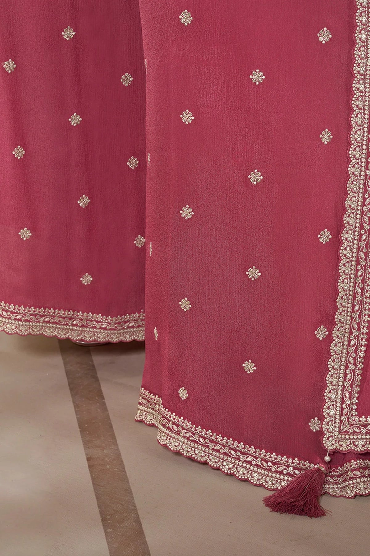 Coral Pink Floral Pattern Embroidered Palazzo Suit at PinkPhulkari 