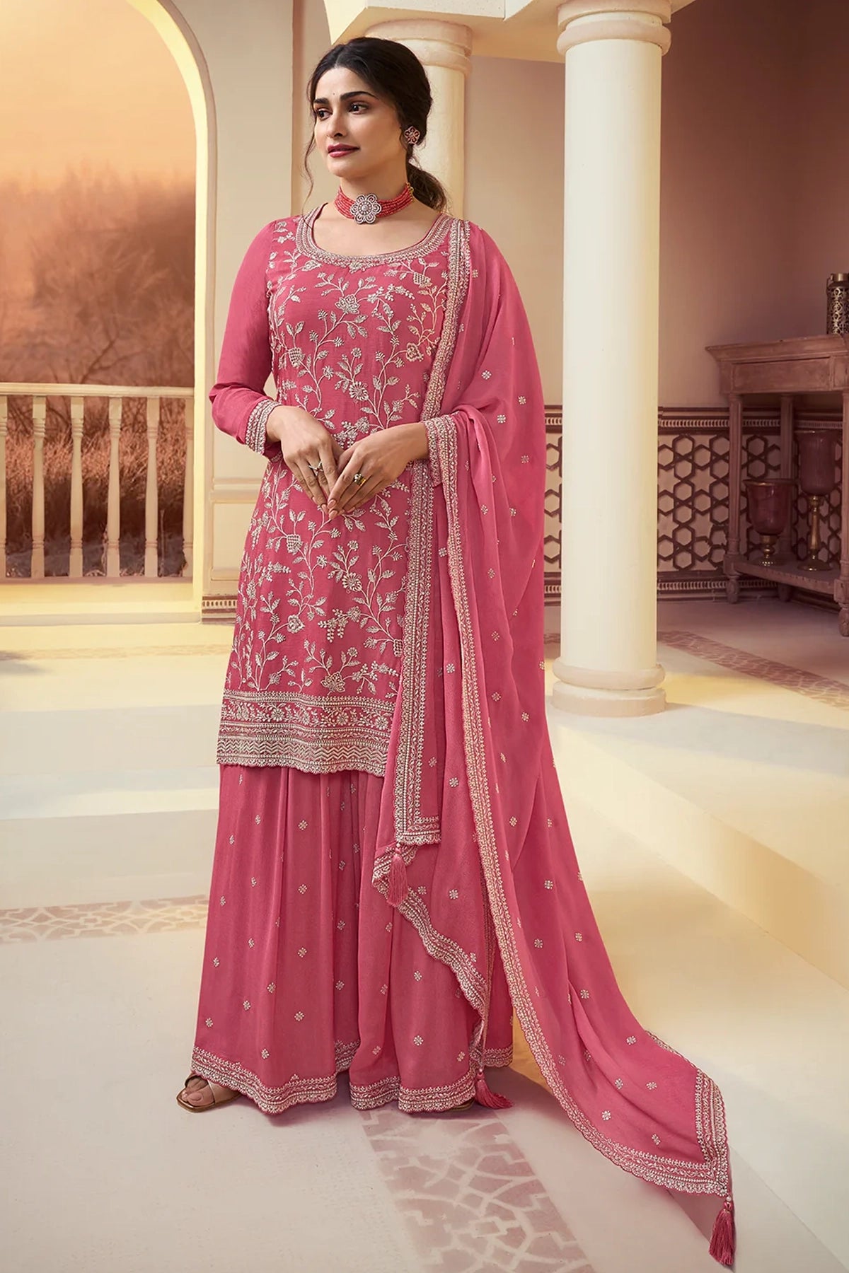 Coral Pink Floral Pattern Embroidered Palazzo Suit at PinkPhulkari 