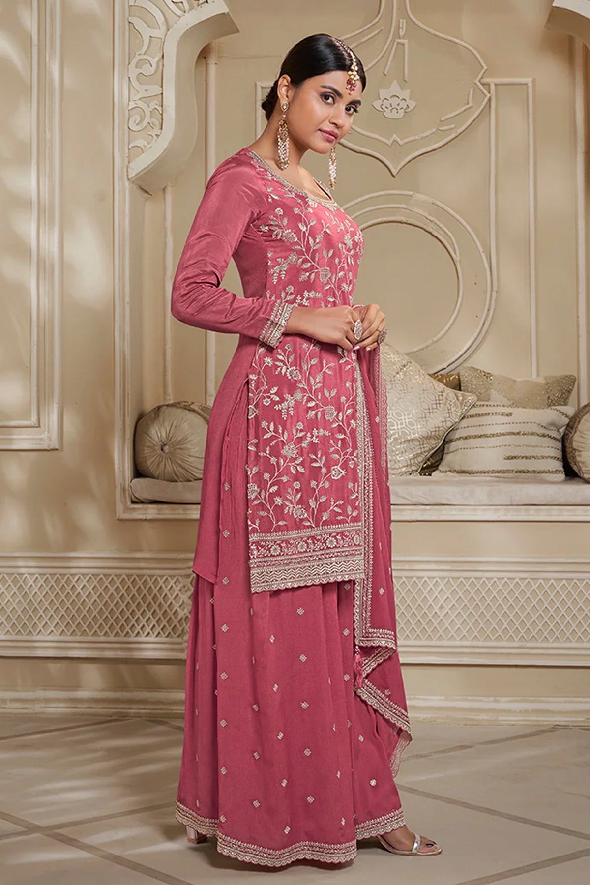 Coral Pink Floral Pattern Embroidered Palazzo Suit at PinkPhulkari 