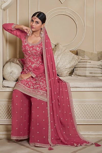 Coral Pink Floral Pattern Embroidered Palazzo Suit at PinkPhulkari Coral Pink Floral Pattern Embroidered Palazzo Suit at PinkPhulkari 