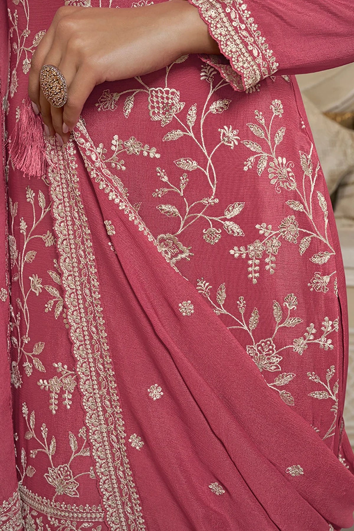 Coral Pink Floral Pattern Embroidered Palazzo Suit at PinkPhulkari 