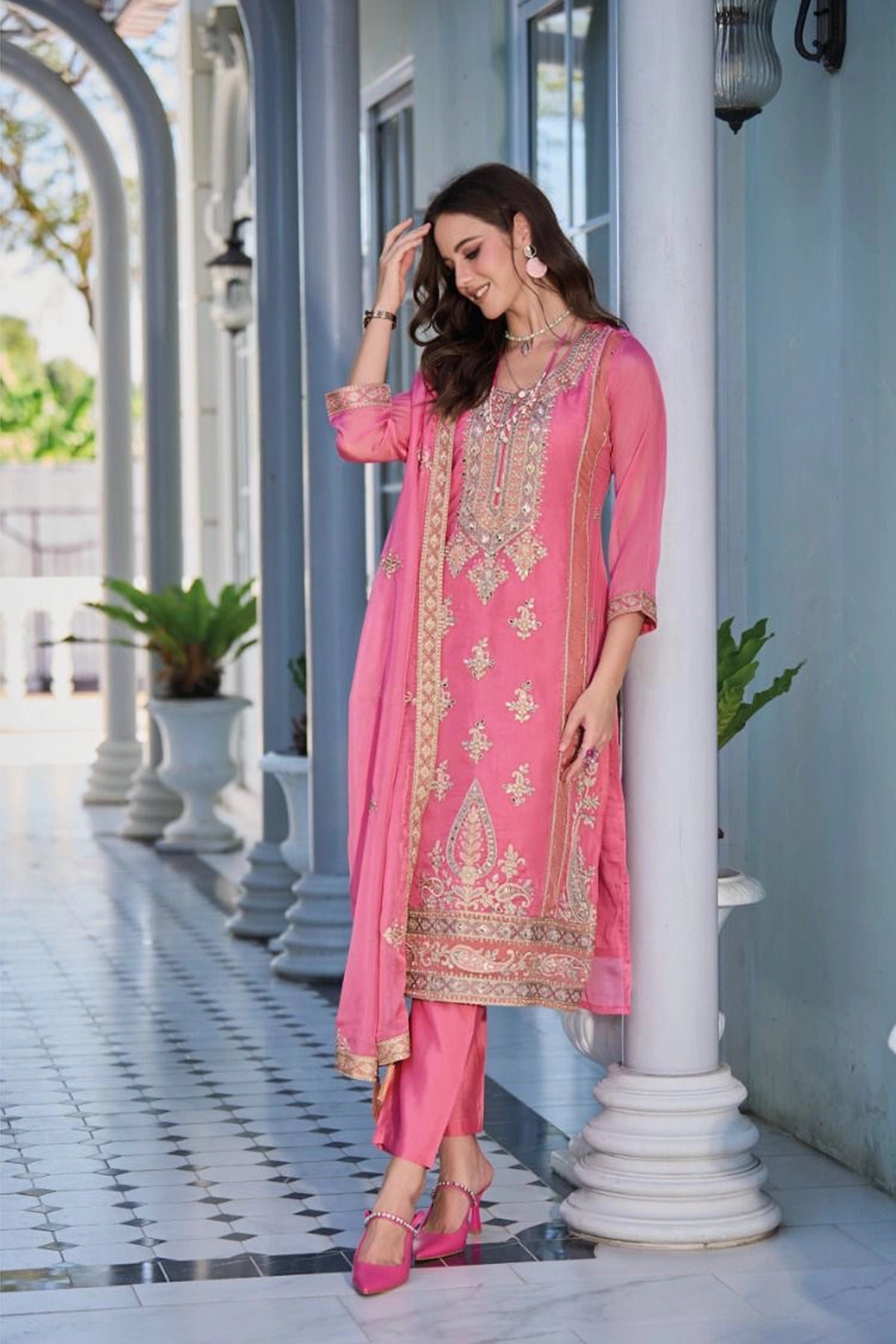 Pink Embroidered Organza Traditional Pant Style Suit at PinkPhulkari 