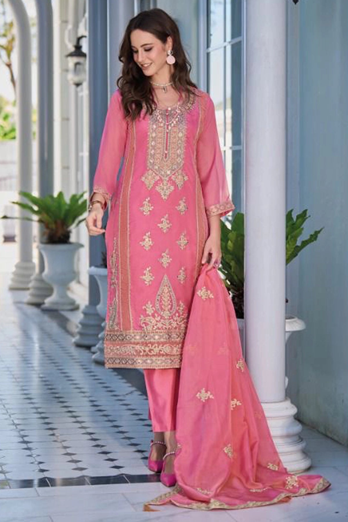 Pink Embroidered Organza Traditional Pant Style Suit at PinkPhulkari 