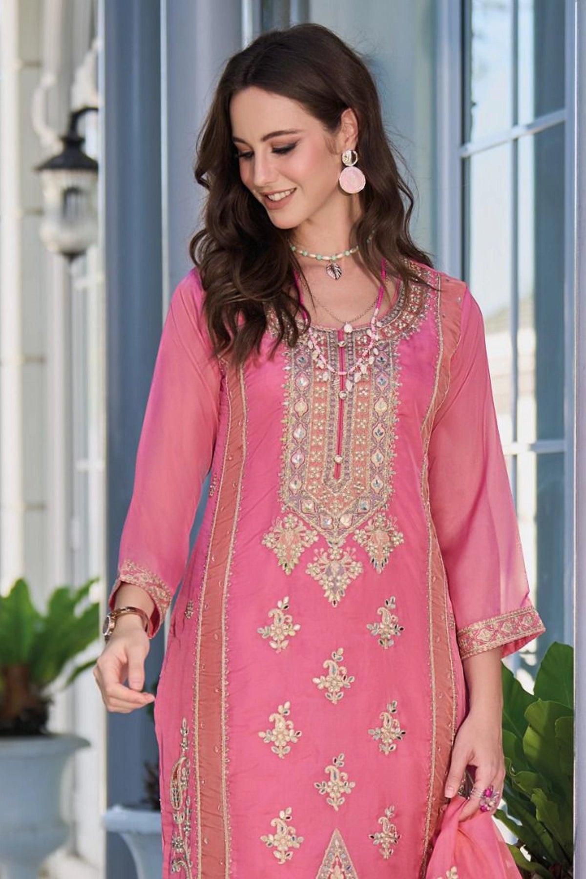 Pink Embroidered Organza Traditional Pant Style Suit at PinkPhulkari 