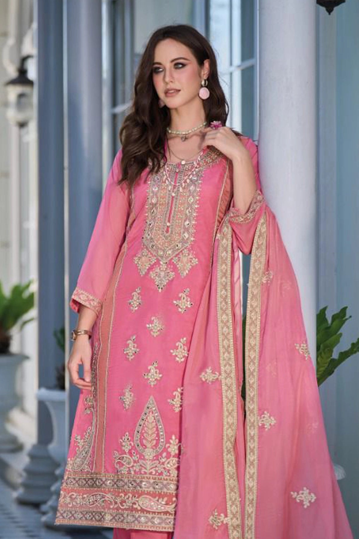 Pink Embroidered Organza Traditional Pant Style Suit at PinkPhulkari 