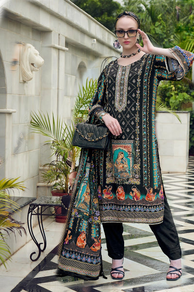  Black Crepe Silk Printed Pant Style Kurta Set 