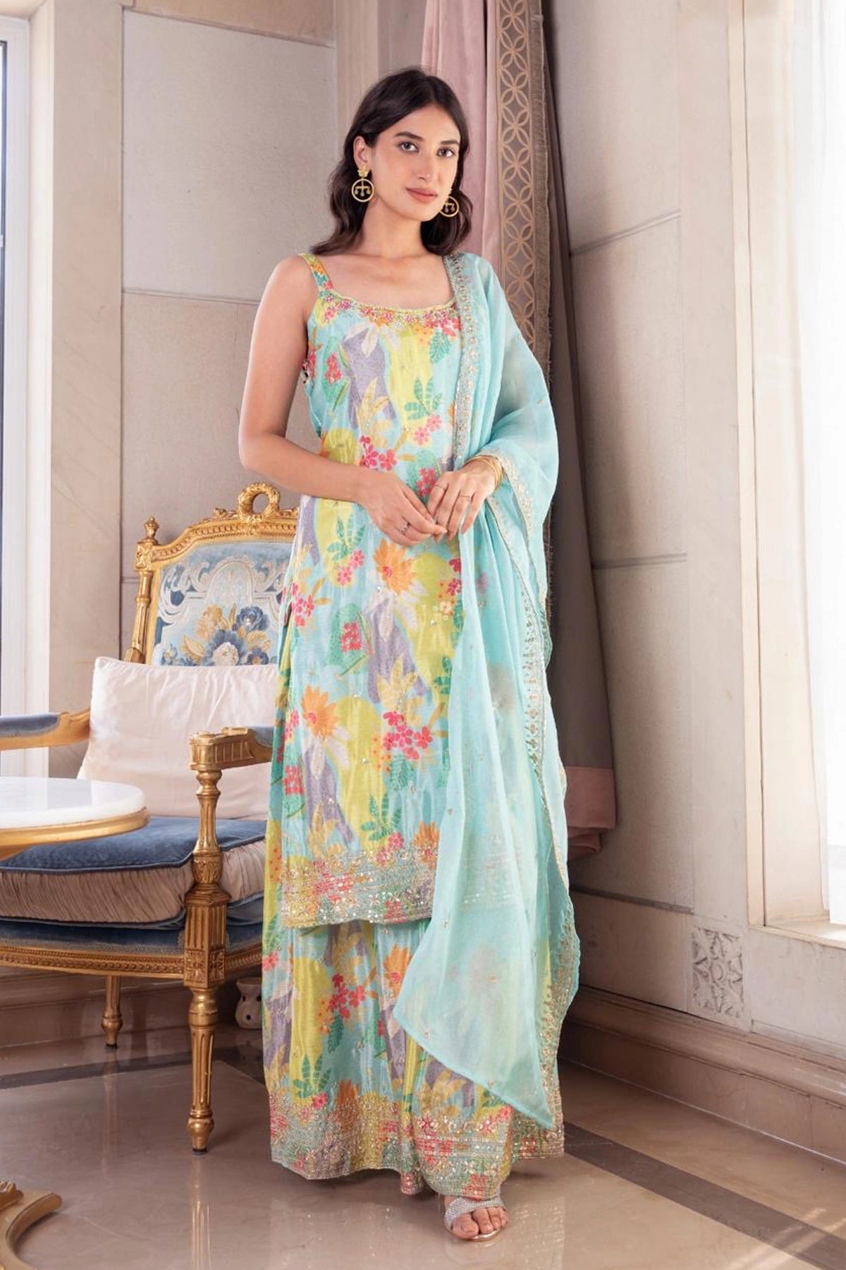 Light Blue Embroidered Floral Print Kurta Palazzo Set at PinkPhulkari 