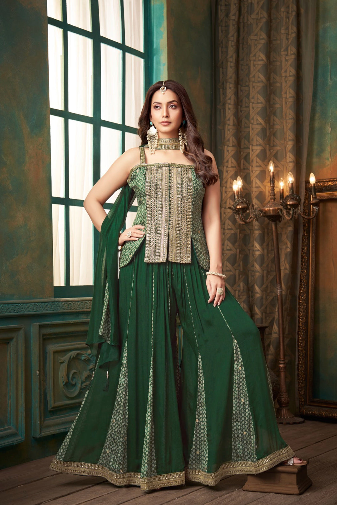 Buy Dark Green Embroidered Chinon Silk Indo Western Sharara Suit Online | PinkPhulkari California Buy Dark Green Embroidered Chinon Silk Indo Western Sharara Suit Online | PinkPhulkari California