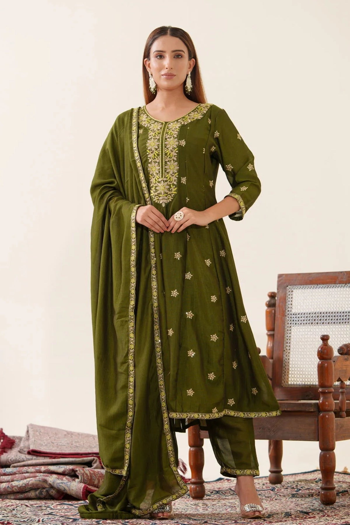 Dark Olive Green Embroidered Anarkali Set at PinkPhulkari California