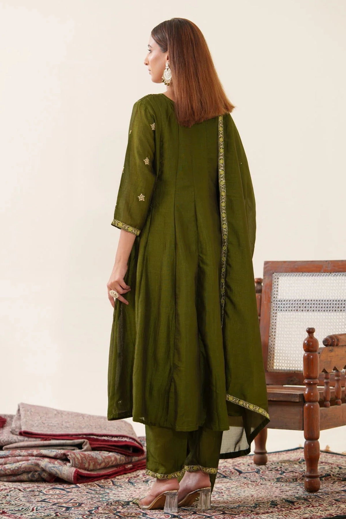 Dark Olive Green Embroidered Anarkali Set at PinkPhulkari California