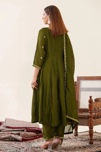 Dark Olive Green Embroidered Anarkali Set at PinkPhulkari CaliforniaDark Olive Green Embroidered Anarkali Set at PinkPhulkari California