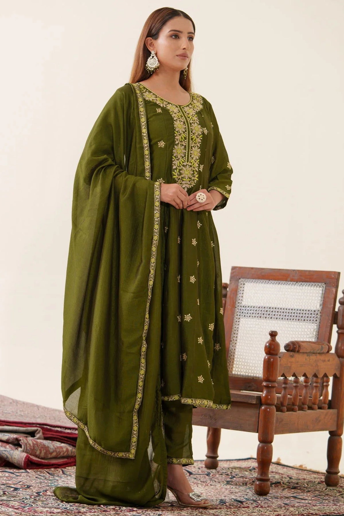 Dark Olive Green Embroidered Anarkali Set at PinkPhulkari California