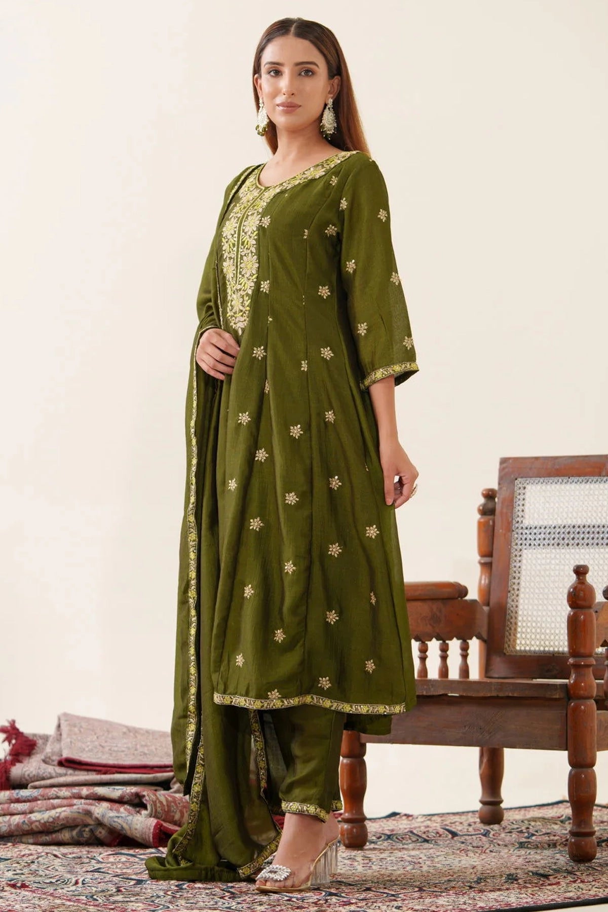 Dark Olive Green Embroidered Anarkali Set at PinkPhulkari California