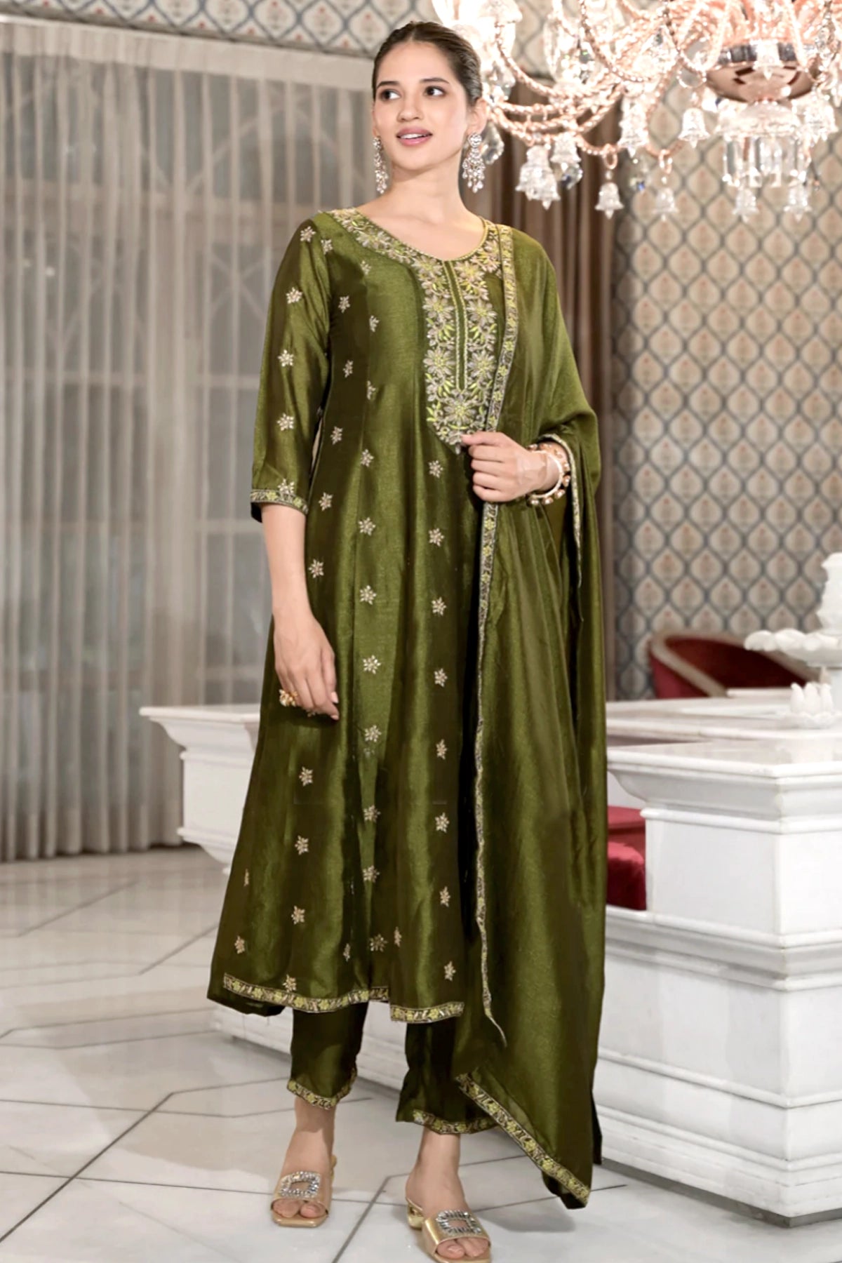 Dark Olive Green Embroidered Anarkali Set at PinkPhulkari California