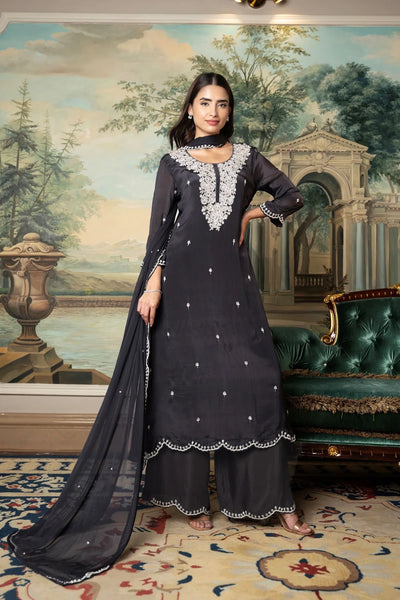 Buy Dark Charcoal Embroidered Chinon Silk A Line Anarkali Suit Set