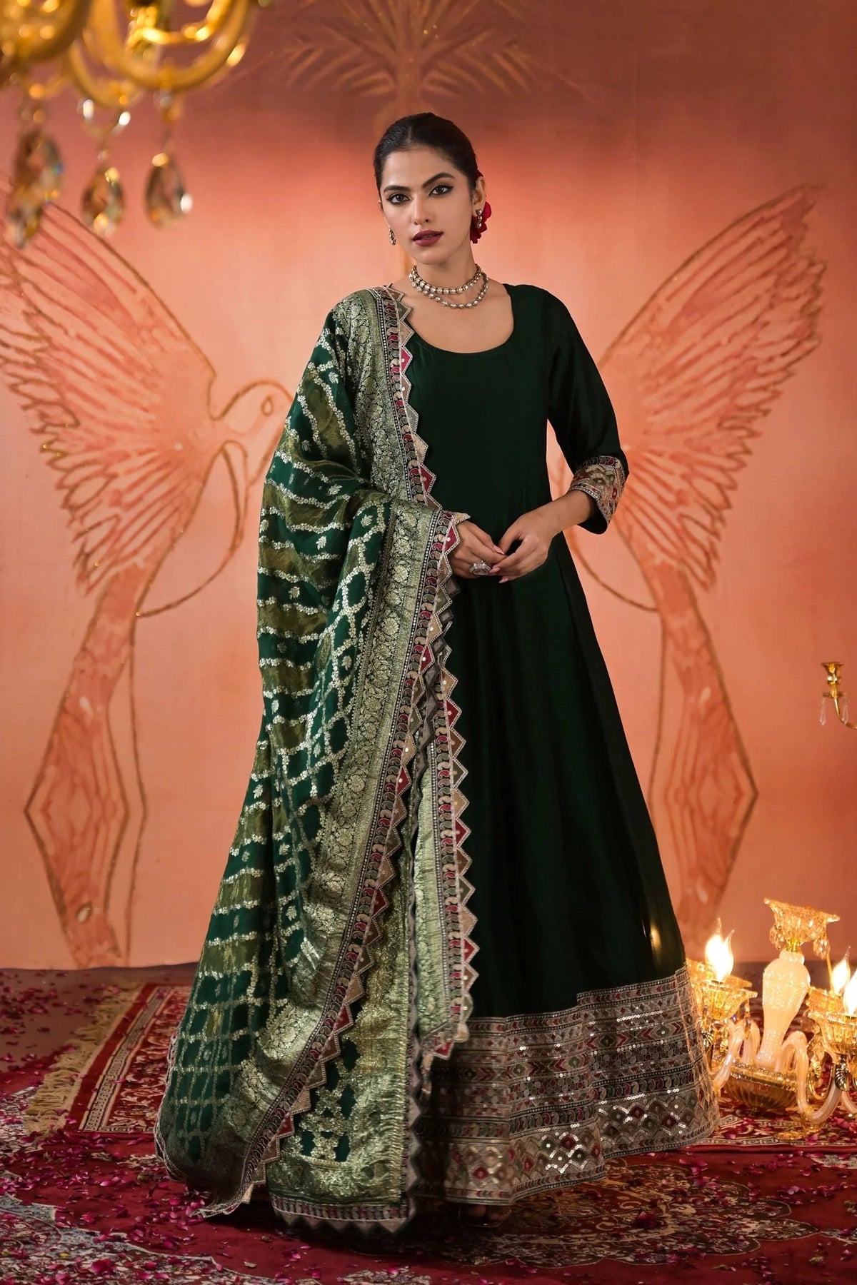 Dark Green Embellished Silk Anarkali Set at PinkPhulkari California